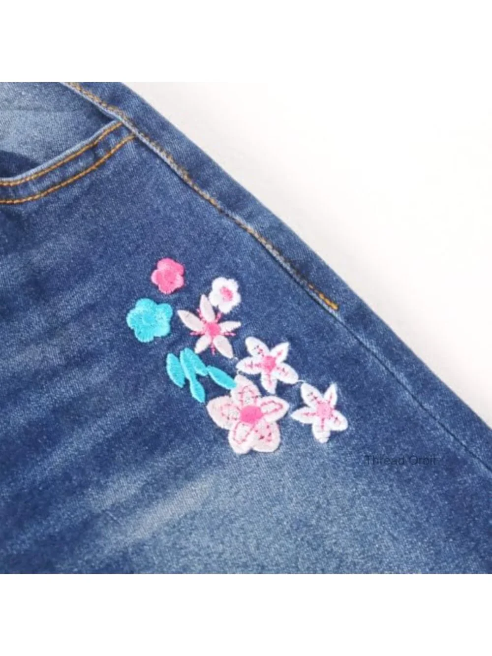 Girls Embroidered Jeans Elastic Waist Denim Pants Cute Butterfly Fashion Teen